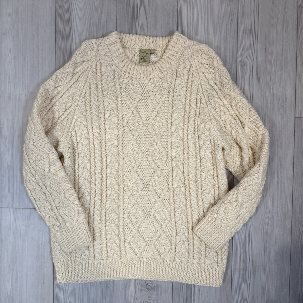 Magee Aran Handknits Women's‎ Large 100% Pure New Wool Ivory Cableknit Sweater